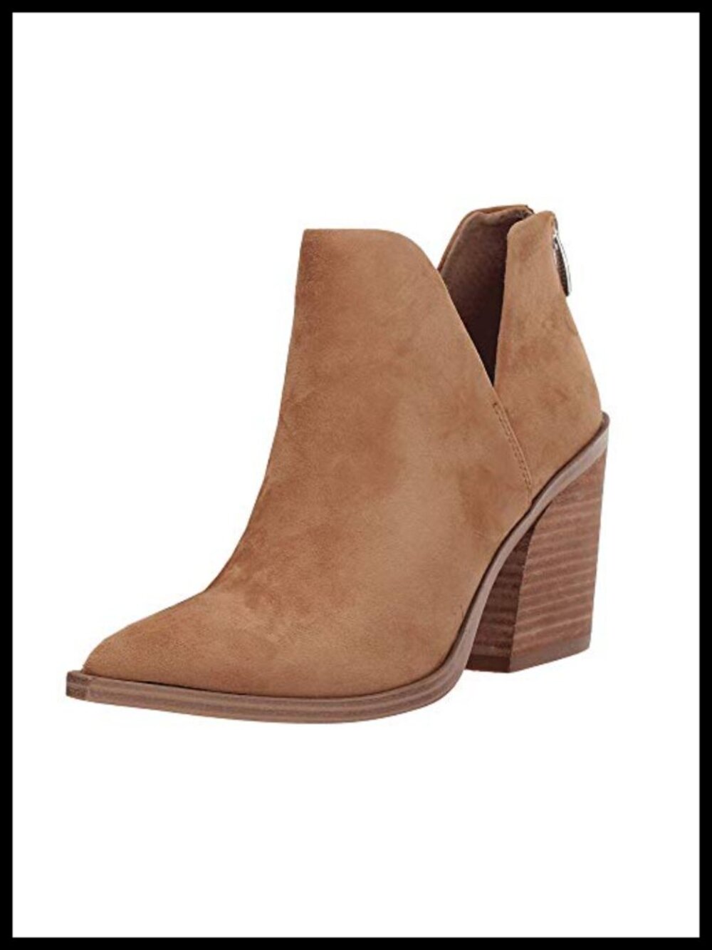Faux Leather Pointed Toe Stacked Heel Ankle Booties V Cut Back Zip